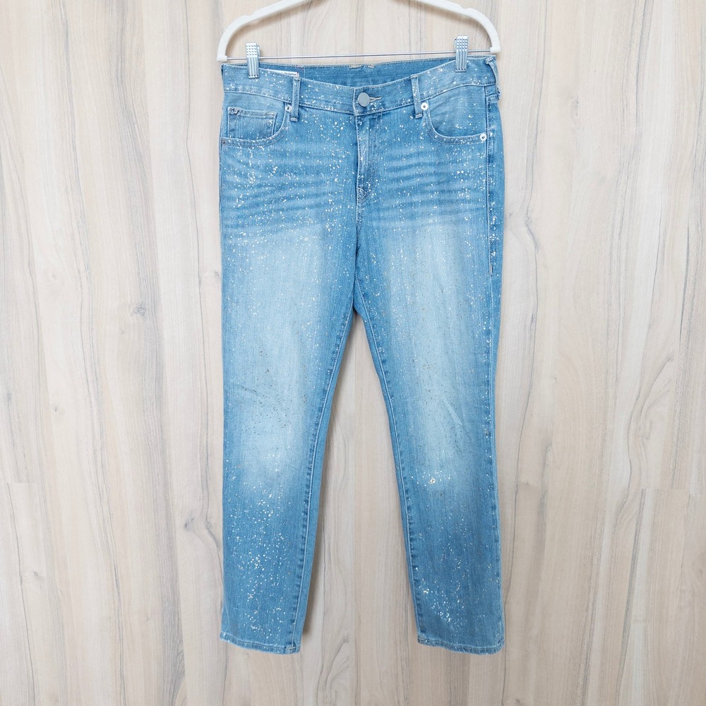 True Religion Womens Cameron Slim Boyfriend Jeans 27 Blue Paint Splatter Gold
